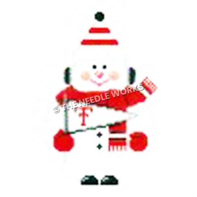 snowman wearing red, black and white scarf and hat carrying TTU pennant