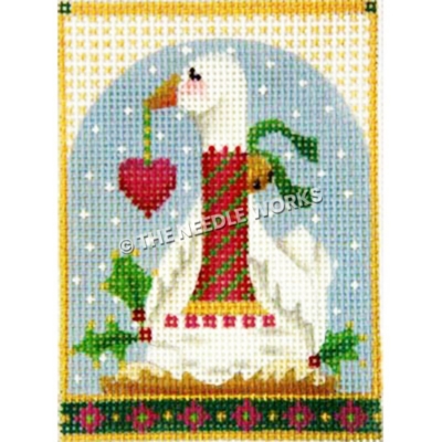 goose with eggs wearing red and green striped scarf with jingle bell holding red heart ornament in its mouth on blue snowy sky background and green border with red flowers