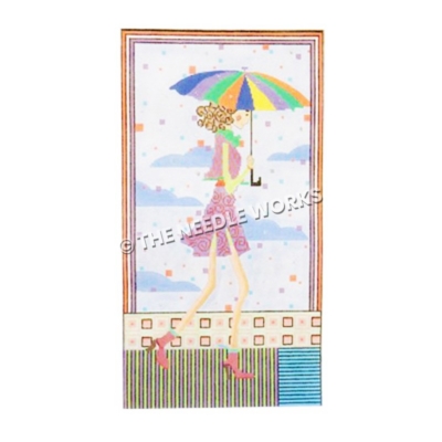 curly brunette in pink dress carrying multi-colored umbrella walking on green, purple, blue striped floor with pink, purple and blue dots and clouds in sky