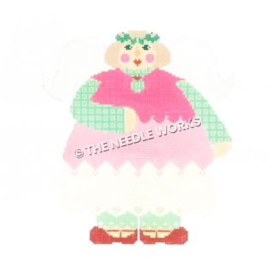 woman in pink dress with green plaid sleeves and white skirt wearing holly wreath on head