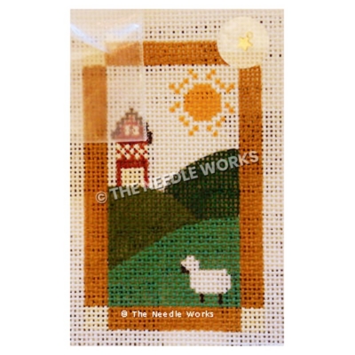 green hilly landscape with tall red and white house in background and black and white sheep and sun in white sky