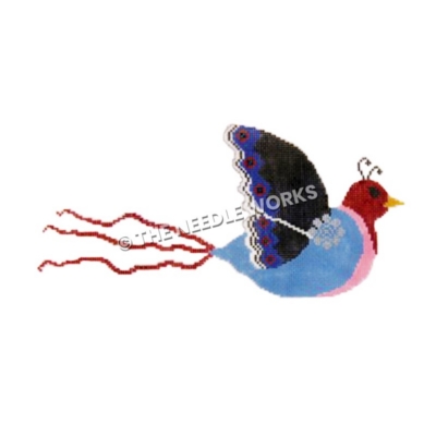 blue and pink flying bird with red head and tail and black wing with blue tips and red dots