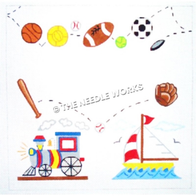 sports balls and train and boat with space for birth announcement