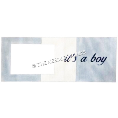picture frame with It's a boy in blue written on blue and white striped background