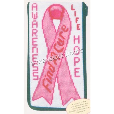 eyeglass case with pink breast cancer ribbon with Find a Cure on ribbon and Awareness, Life, and Hope around