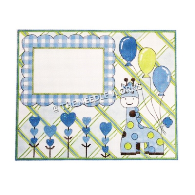 baby boy birth announcement frame with blue giraffe, balloons, and hearts on green and blue plaid background