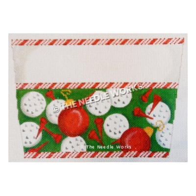 stocking top with golf balls and red ornament balls and red tees with candy cane striped border