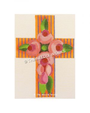 orange and purple striped cross and pink roses
