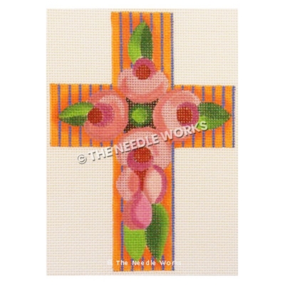 orange and purple striped cross and pink roses