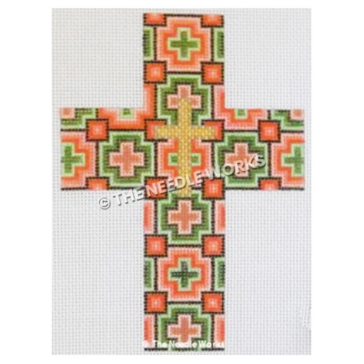 pink and orange cross with geometric cross pattern and gold cross in center