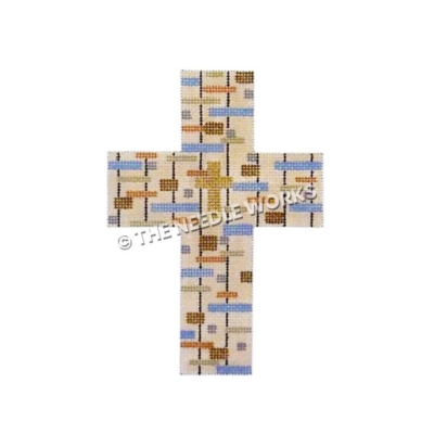 white cross with gold cross in center and rectangle pattern in blue, orange, yellow, silver, and brown