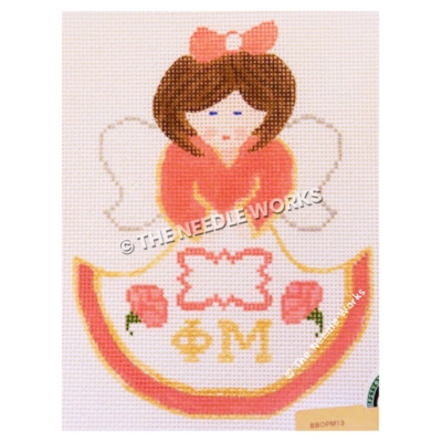 brunette angel in pink and white dress with greek letters on skirt and roses