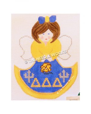 brunette angel in yellow and blue dress with delta delta delta letters