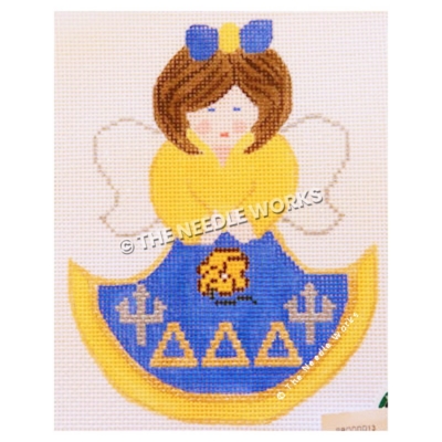 brunette angel in yellow and blue dress with delta delta delta letters
