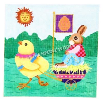 bunny sitting in egg shaped cart with purple flag with orange egg pulled by chick on green landscape with sun in sky with a face
