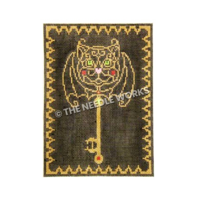 skeleton key on black background with bat outline