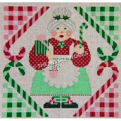 Mrs. Claus holding present and candy cane with red and green candy cane border