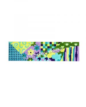 blue, purple, yellow and green patchwork frame weight