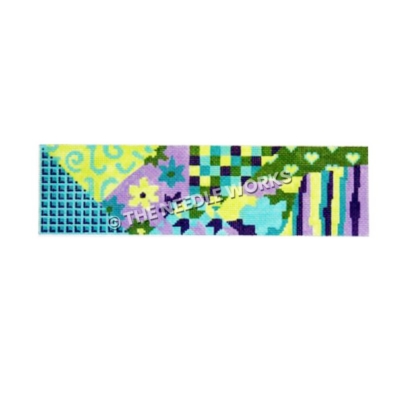 blue, purple, yellow and green patchwork frame weight