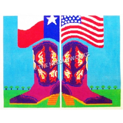 red and purple boots with yellow and white decorations holding up Texas and American flags on blue sky and green grass with small trees in distance
