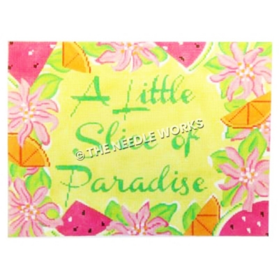 A Little Slice of Paradise in green on yellow with pink flowers, orange slices and watermelon slices on border