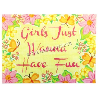Girls Just Wanna Have Fun in pink on yellow with pink, yellow flowers and butterflies border