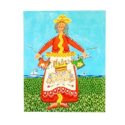 woman in red dress and apron decorated with flowers holding laundry line with small boats in distance