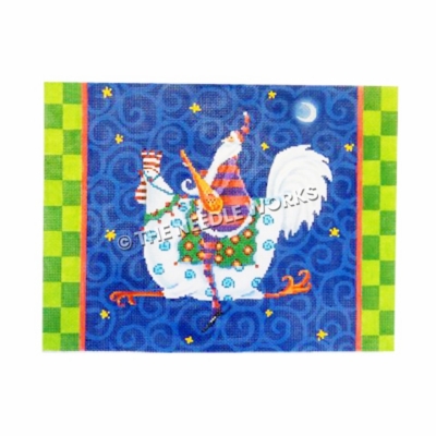 Santa in red and purple striped suit riding on white rooster on blue swirled background and green checkered border