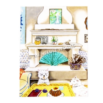 two white dogs in front of fireplace with turquoise and green decorations