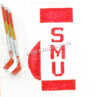 golf bag with SMU written in red and three golf clubs