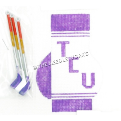 golf bag with TCU written in purple and three golf clubs