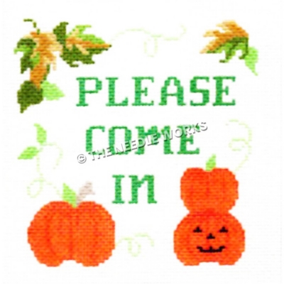Please Come In written in green with pumpkins and jackolantern and green and gold leaves at top border