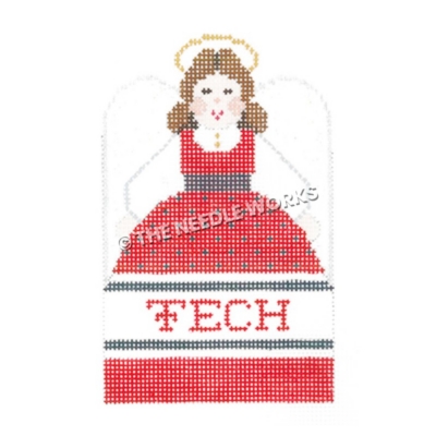 brunette angel in red, white, and black dress with Tech written on dress
