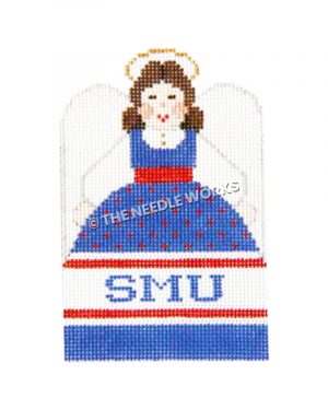 brunette angel in blue, white and red dress with SMU written on dress