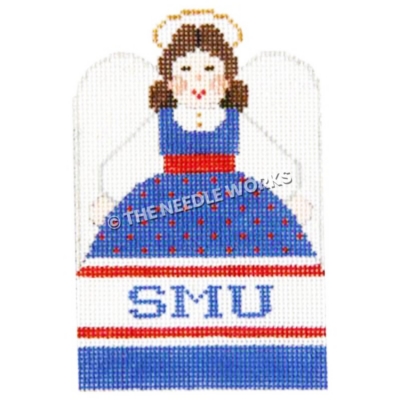 brunette angel in blue, white and red dress with SMU written on dress