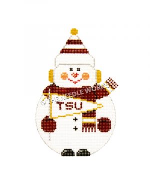 snowman carrying TSU pennant in maroon, white, and gold scarf and hat