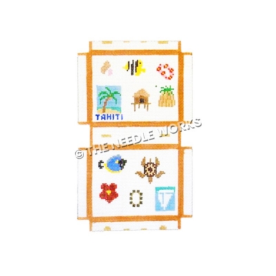 suitcase decorated with island icons including fish, turtle, flowers, leis, palm tree with Tahiti written below