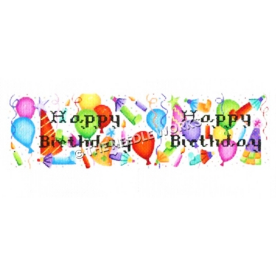 Happy Birthday written in black with balloons, hats, candles, streamers, and noise makers