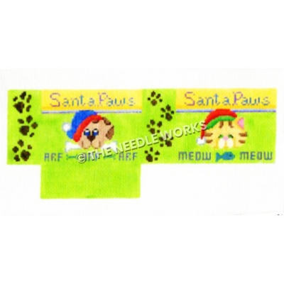 3D lime green box with cat and dog wearing Santa hats, Santa Paws written above and Arf and Meow written below with paw prints on sides