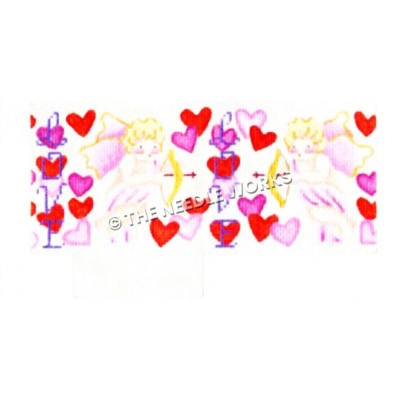 cupids with hearts and Love written in purple