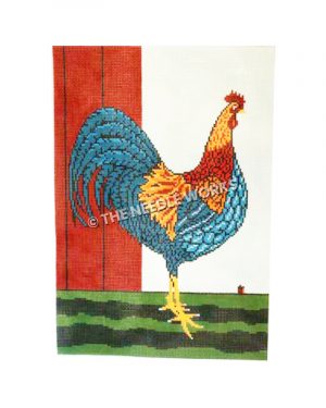 blue rooster with yellow and red head in front of a barn wall with small house in distance