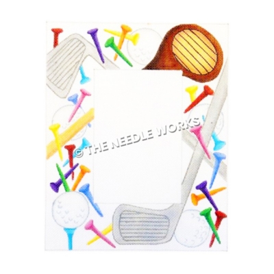 picture frame with golf clubs, balls, and tees