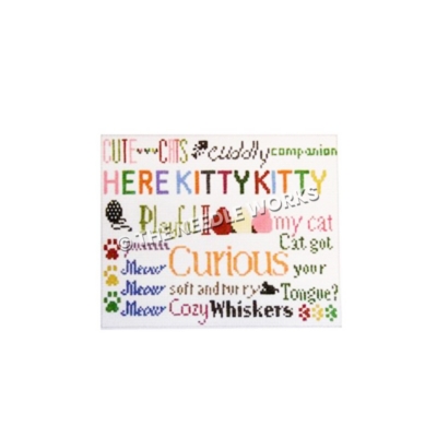 phrases related to cats written in vibrant colors with paw prints, mice, yarn ball, and fish bones