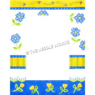 picture frame with yellow, blue and white stripes with blue and yellow flowers