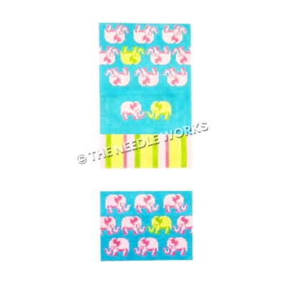 blue purse with pink and yellow elephants and pink, green, and yellow striped band