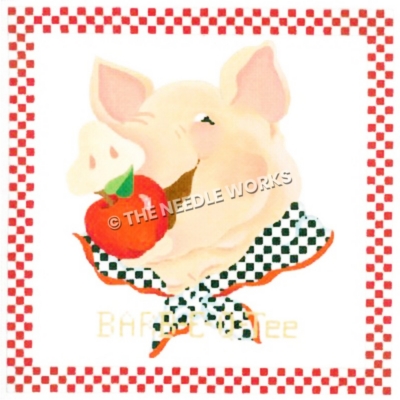 pig with apple in mouth wearing black and white checkered neckerchief and red and white checkered border and Barb-E-Q-Tee written below