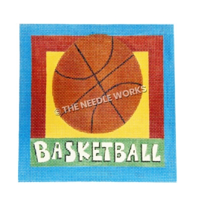 basketball on yellow square with blue and red border with basketball written below