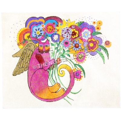 pink and orange cat with wings curled up holding large bouquet with colorful flowers