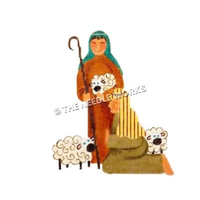 smiling shepherd holding staff and sheep next to kneeling shepherd with two sheep on ground