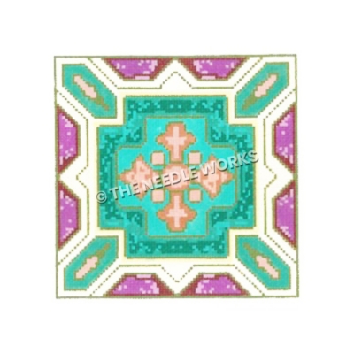 pink fleur de lis on turquoise cross with purple, turquoise, white, and pink southwestern pattern